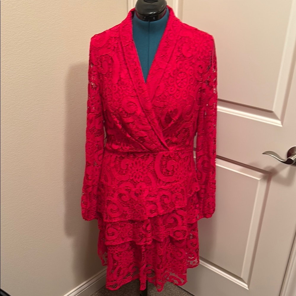 Red Mini A-line Wrap Dress with Long Sleeves and Plunge Neckline